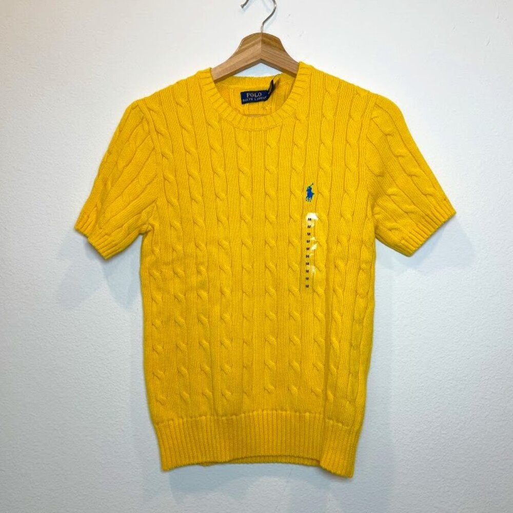 Polo Ralph Lauren Cable-Knit Cotton Short-Sleeve Sweater Size M Yellow